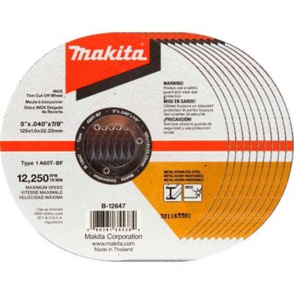 Makita Makita INOX Thin Cut-Off Wheel, 60 Grit, Type 1, 5in Dia x 1/25inT x 7/8in Cntr Hole Dia, 10/Pk B-12647-10